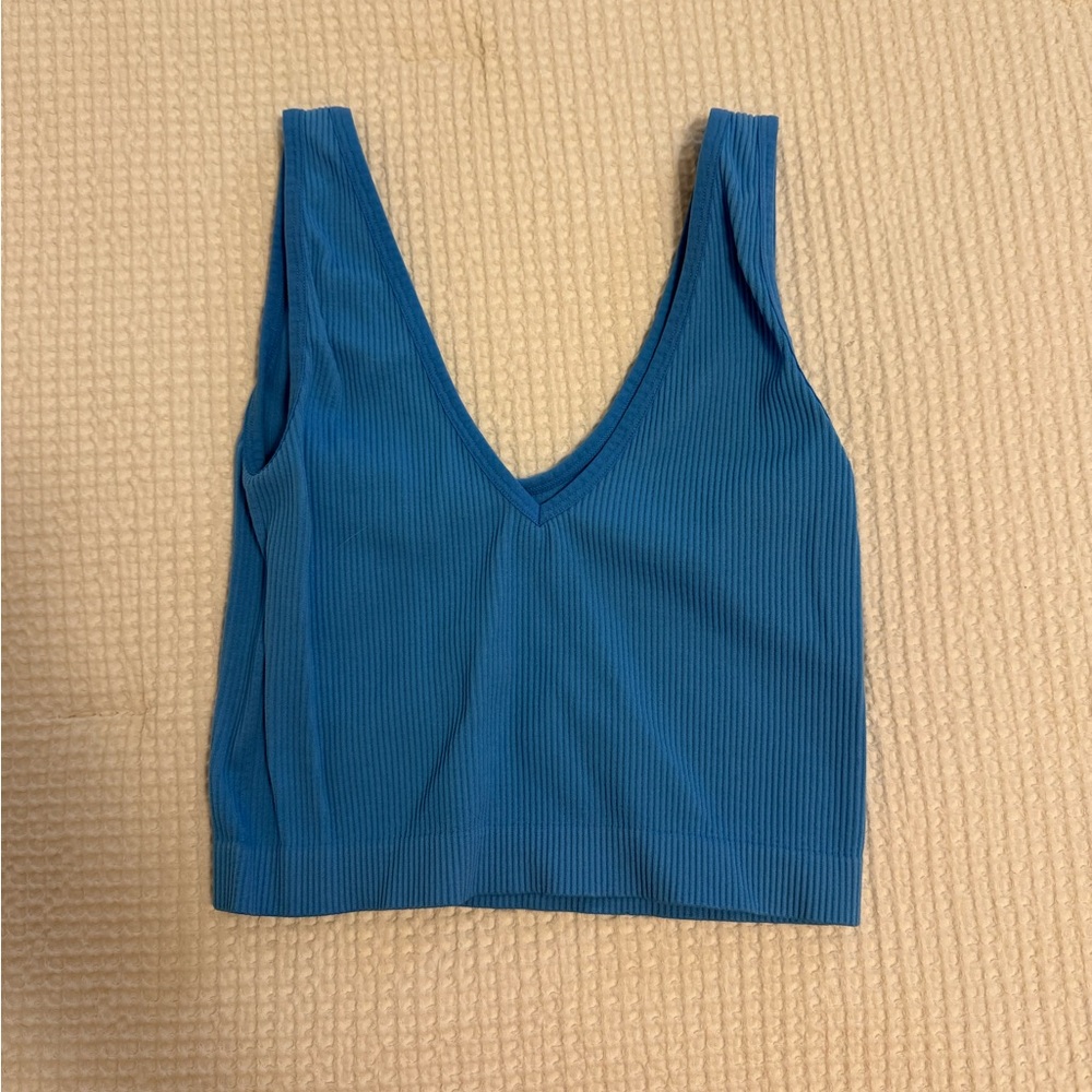 Blue Ribbed V-Neck Tank Top